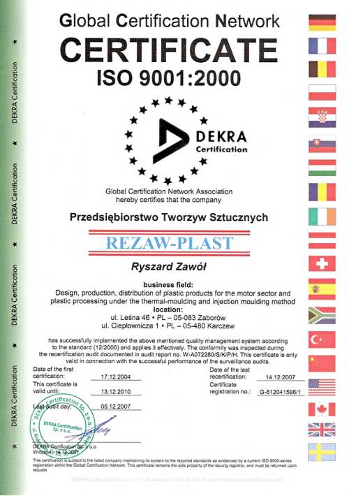 Certifikát iso na vaničkové autorohože Rezae-plast.