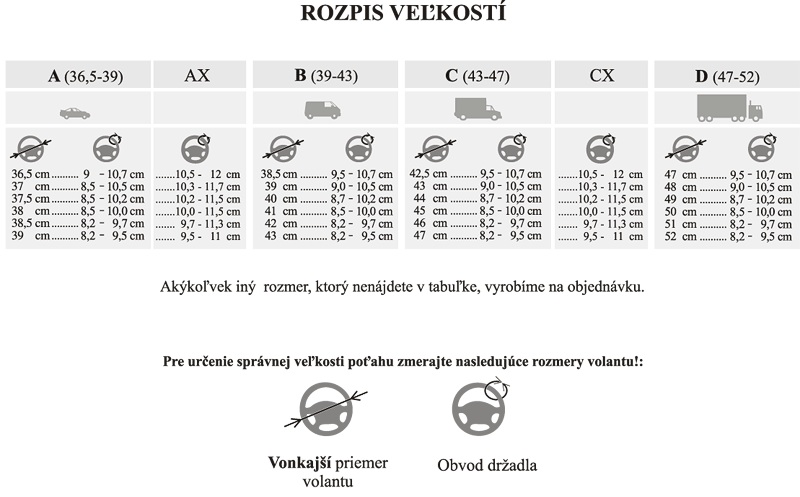 Poťah volantu z pravej kože - Rozpis veľkostí