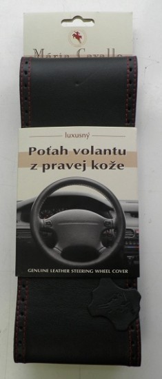 Poťah volantu z pravej kože Maria Cavallo - Čierny, červené obšitie, červená šnúrka